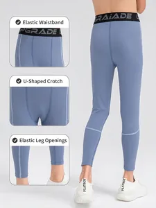 Boys gray-blue high-elasticity sports leggings with elastic waistband for running training