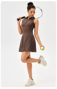 Detailed view of the brown athletic tennis dress with half-zipper collar and A-line cut