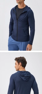 Front and back detail of a slim fit men's dark blue zip-up sports jacket with a hood