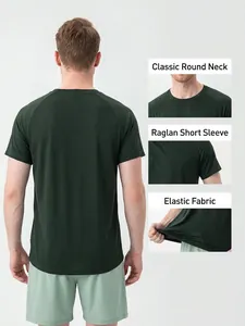 Men's dark green quick-dry fitness T-shirt with breathable fabric and raglan sleeves