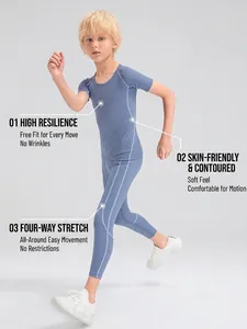 Breathable high-elastic boys compression sports set with shirt and pants in grey blue
