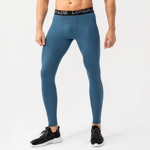 Men's high-elastic compression fitness leggings in navy blue with wide elastic waistband