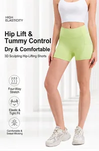 Detail of high-waisted lime green yoga shorts with side pocket and 3D butt lifting design
