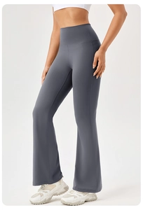 Detail view of high-waist yoga flare pants showing elastic fabric and butt-lifting shape