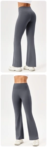 Front and back detail of high-waist grey flared yoga pants with elastic slimming fit