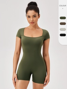 Women's Slim Fit Square Neck Short Sleeve Yoga Romper Polyester Spandex High Elastic Bodysuit Sports Jumpsuit Gym Workout Top