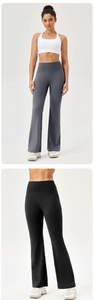 Detail view of high waist waistband and flared cuffs on stretch yoga trousers