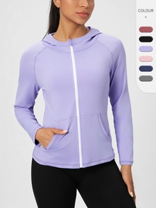 Veste de Yoga à Capuche Coupe Slim pour Femme Séchage Rapide Fermeture Éclair Veste de Sport de Course Avec Poches Coupe-vent Top