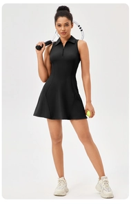 Detail of black tennis dress with polo collar and functional front zipper for athletic use