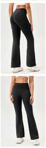Front and back view showing the high waist and flare leg design of black yoga pants