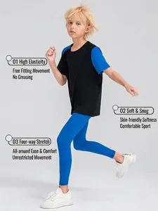 Kids quick-dry sports set with black-blue compression top and high-stretch blue leggings