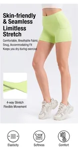 Detail of high waisted lime green yoga shorts showing seamless fabric and side pockets