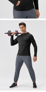 Detailed close-up of quick-dry men's sports jacket featuring zipper pockets and athletic fit