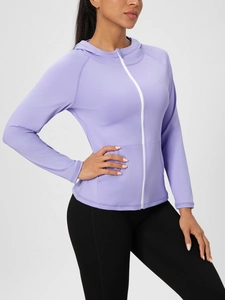 Veste de yoga slim lavande avec capuche et fermeture éclair blanche pour femmes