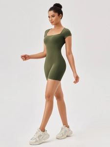 Olive green square neck short sleeve athletic romper for yoga and fitness training