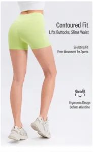 Detail of neon green high-waisted yoga shorts with slimming peach butt lift and side seams