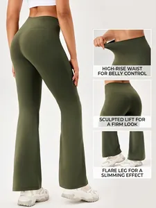 Olive green high-waist flared yoga pants for women with tummy control and push-up effect