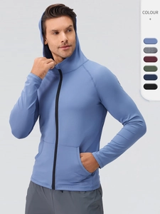 Men Hooded Sports Jacket Full Zip Quick Dry Running Fitness Training Outdoor Coat Athletic Slim Fit Stand Collar Long Sleeve Top