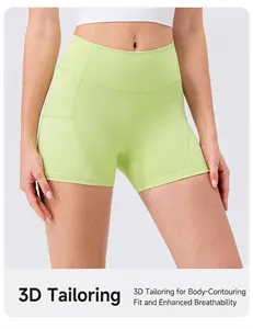 Detail of high-waisted lime green yoga shorts with 3D ergonomic seams for a perfect fit