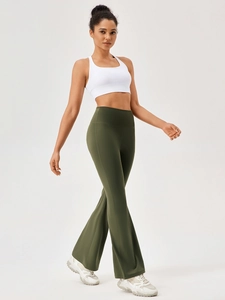 High-waisted olive green flared yoga pants for fitness with a slim-fit elastic design