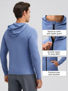Men's grey blue quick-dry athletic hoodie with full zipper and stand collar for running