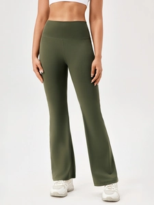 High-waisted olive green flared yoga pants with supportive waistband for gym fitness