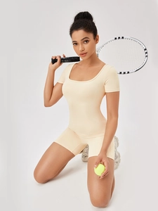Tuta da yoga da donna color crema, body sportivo a maniche corte aderente e traspirante