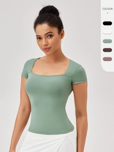 Maglietta da Yoga Slim Fit Donna Scollo Quadrato Manica Corta Asciugatura Rapida Traspirante Fitness Top Poliestere Spandex Sport Workout Top