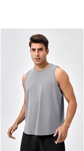 Detailed view of gray quick-dry athletic vest for men with breathable mesh fabric texture