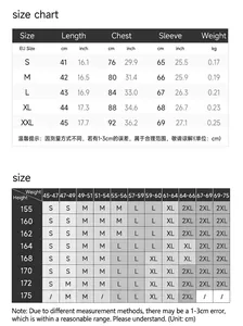 Detailed size chart for yoga jacket with measurements in cm and inches for S-XXL