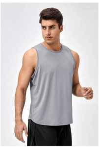 Front view of gray men's sports vest featuring breathable quick-dry fabric and curved hem