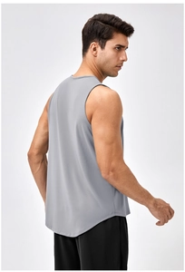 Detail of grey men's sports vest featuring breathable micro-pore fabric for running