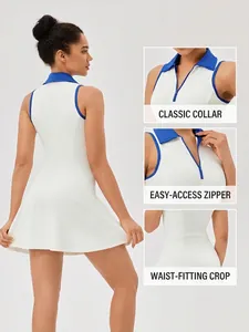 White sleeveless tennis dress with contrast collar and zip neck in a slim fit style