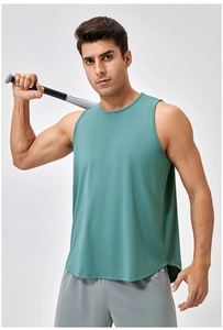 Detail of teal breathable mesh sports vest with side slits for gym and running