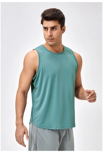 Detail of dark teal breathable mesh fabric and curved hem on sleeveless fitness vest