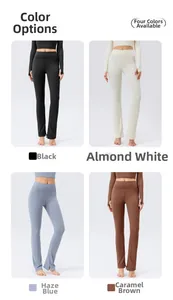 Detail showing four color options of high-waist flared yoga pants with split hem design