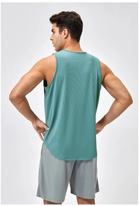 Rear view of men's quick-dry sports tank top and shorts with mesh texture and curved hem