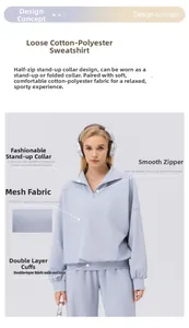 Detail of moisture-wicking cotton-polyester fabric on a loose half-zip sports sweatshirt