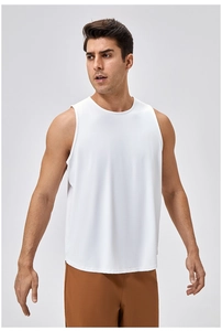 Men's white fitness tank top featuring breathable honeycomb fabric and athletic cut