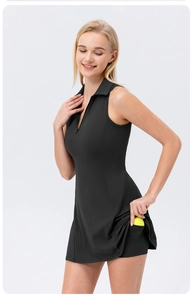 Detail showing high-waisted yoga dress with built-in safety shorts and tennis ball pocket