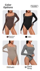 Body à manches longues et col carré disponible en marron, noir, kaki et gris foncé