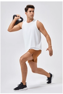 Detail of breathable white athletic tank top and brown gym shorts on male model