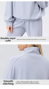 Detail view of lavender sports sweatshirt featuring double-layered cuffs and flat stitching