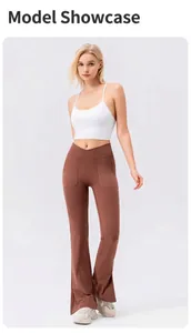 Detail view of brown high-waisted flared yoga pants with a V-shaped crossover waist design