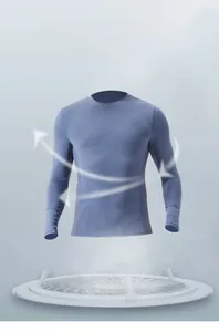 Detail of blue men's athletic shirt showing 3D cut and breathable fabric properties