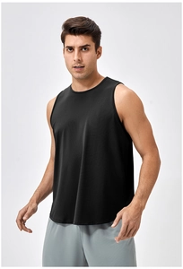 Close-up of black sleeveless sports tank top with breathable micro-mesh fabric texture