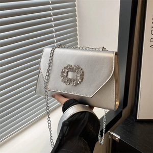 Women Fashion PU Leather Shoulder Bag Rhinestone Square Buckle Chain Crossbody Small Square Bag Elegant Evening Party Purse