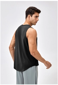 Close-up of men's breathable black sports tank top with a stylish curved hemline