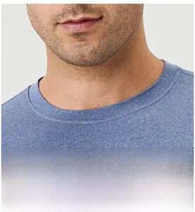 Detail of crew neck design and breathable heather navy knit fabric on sports t-shirt