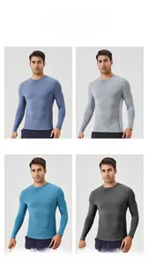 Men's athletic long sleeve shirts in heather blue, light grey, cyan, and black colors